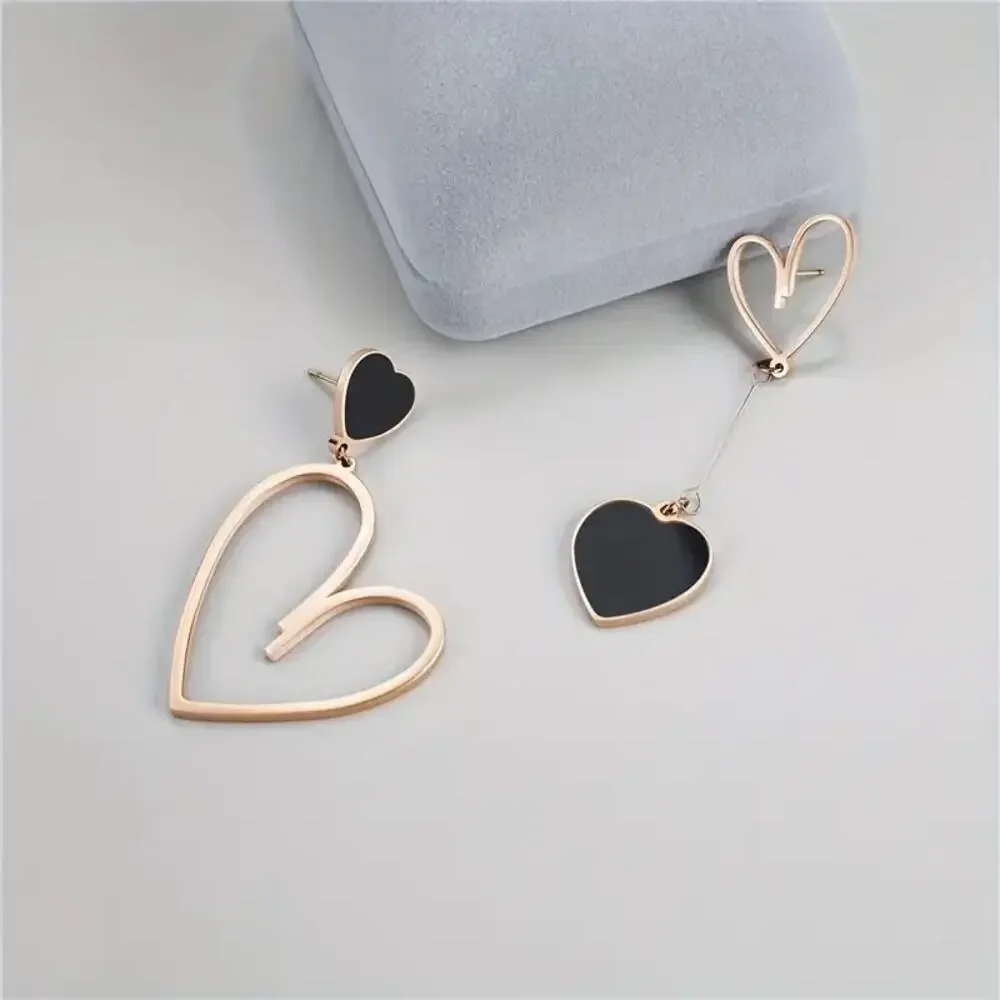NEW Black & Gold Asymmetrical Heart Earrings Trendy Dangle Chain Jewelry
